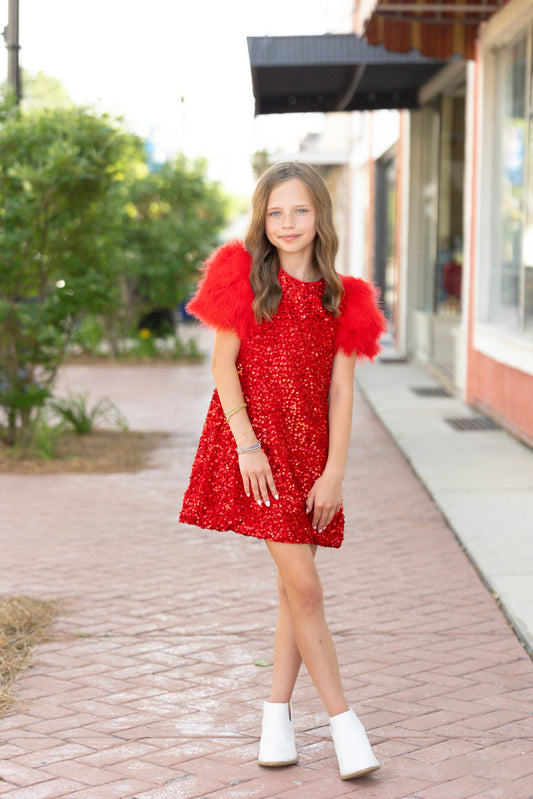 kids red feather dress