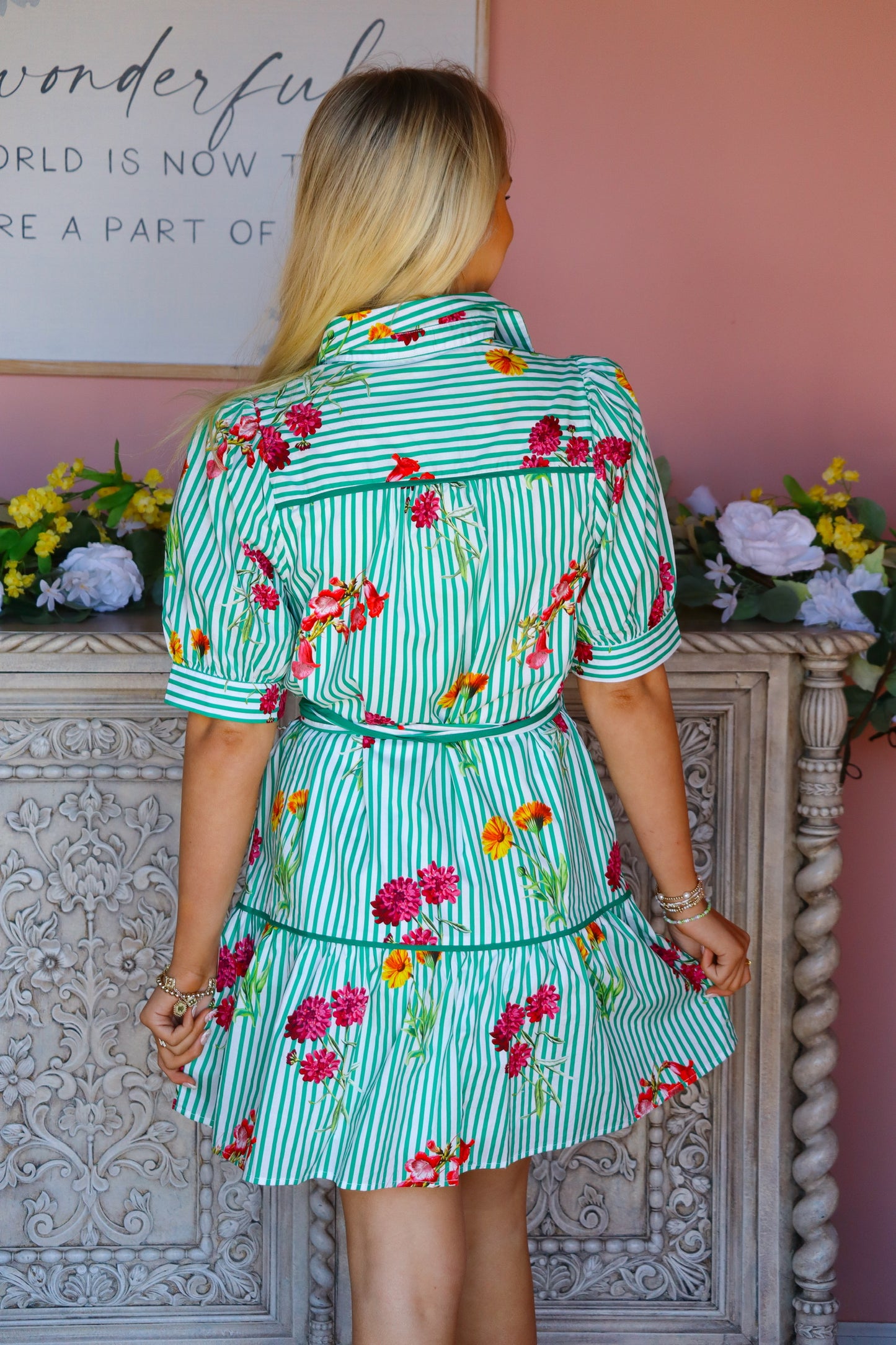 Green Stripped Floral Dress