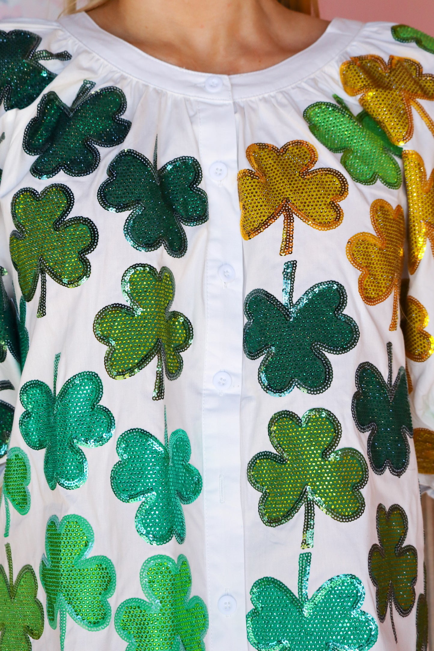 QOS White & Green Shamrock Button Up