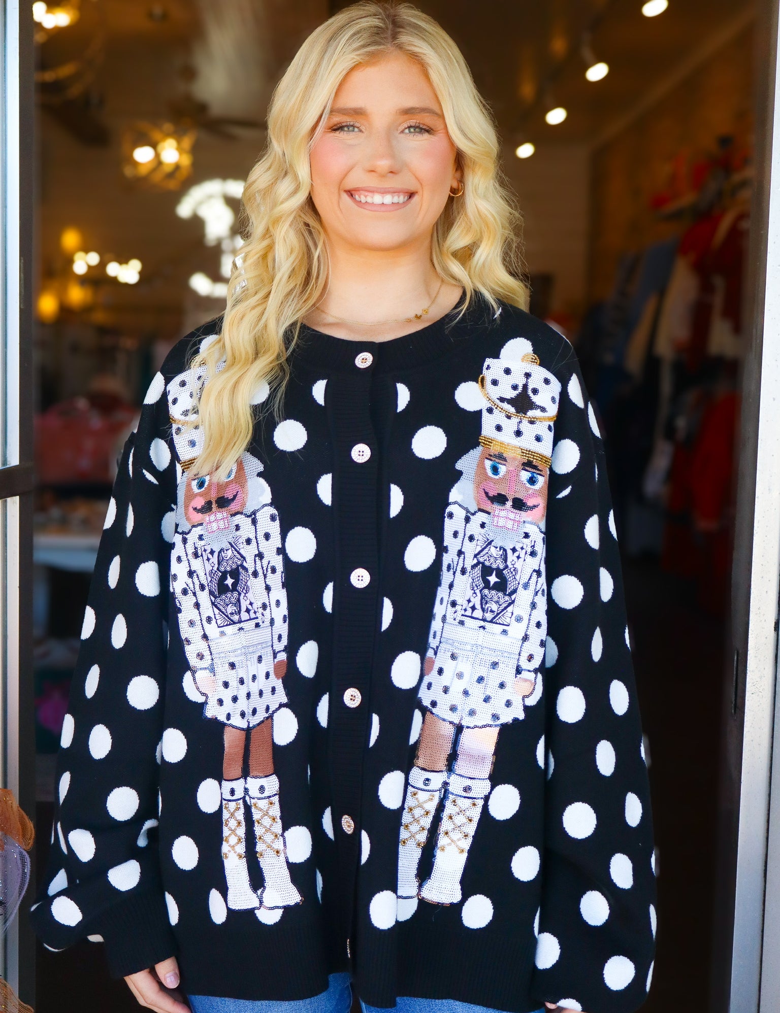 QOS Black & White Polka Dot Nutcracker in QOS Button Up Cardigan