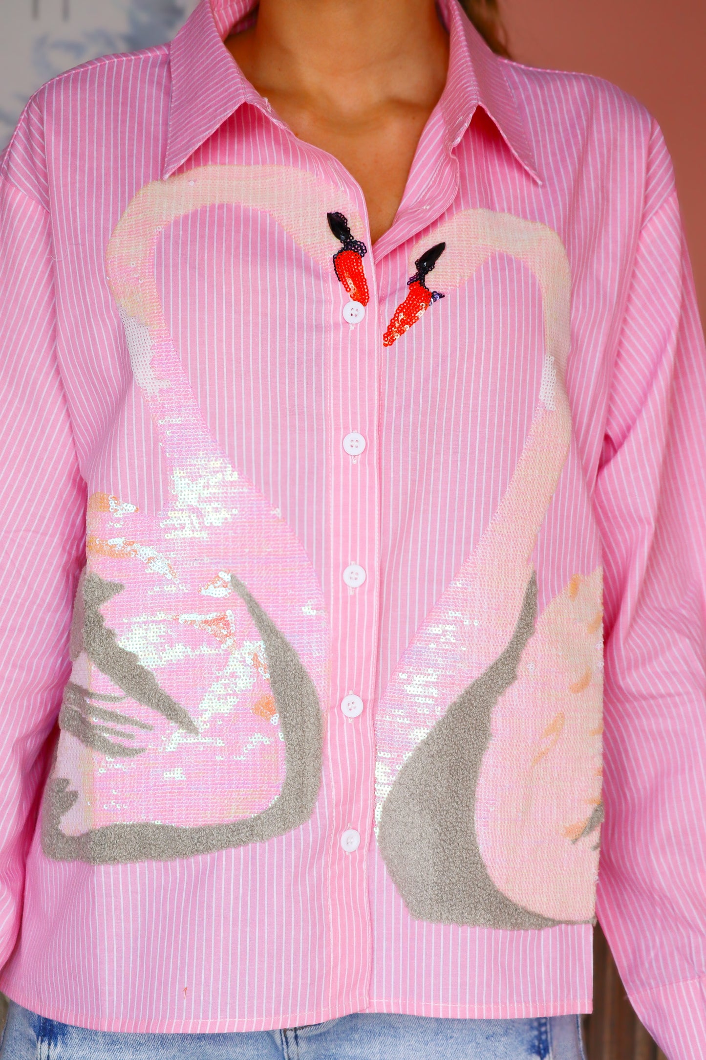 QOS Pink Long Sleeve Swan Top