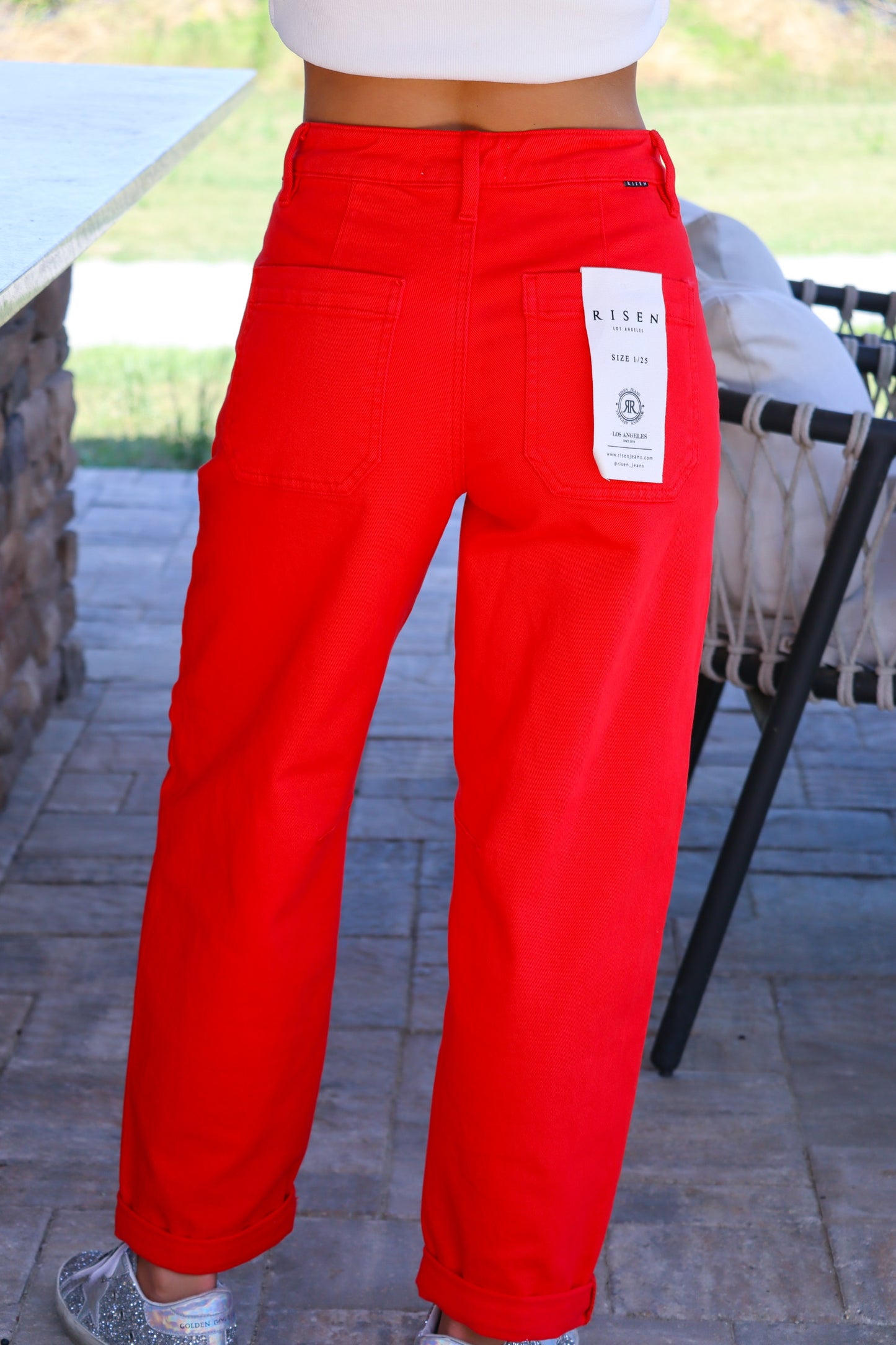 Scarlet high rise barrel jean