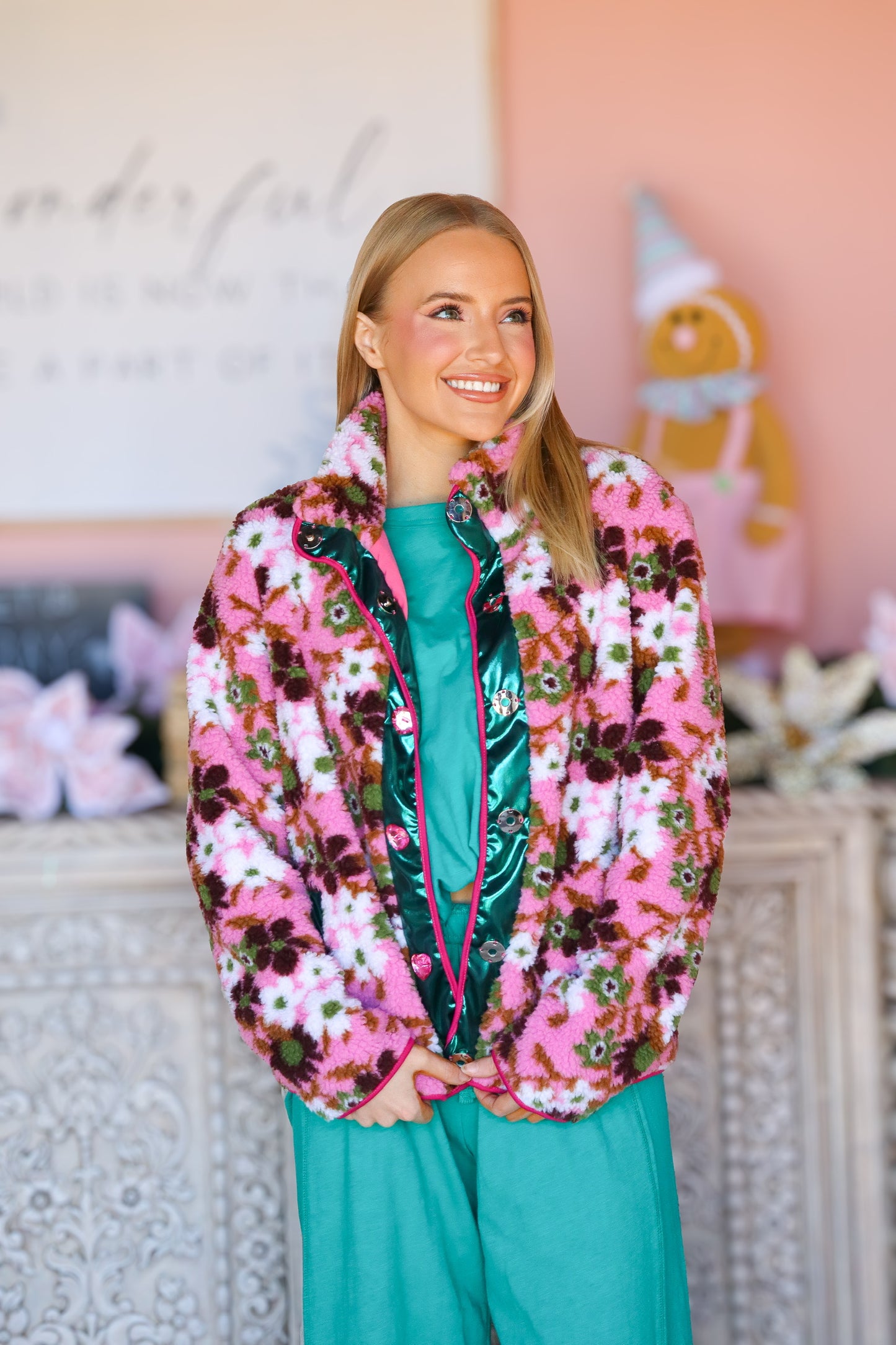 Pink & Green Floral Fleece Jacket