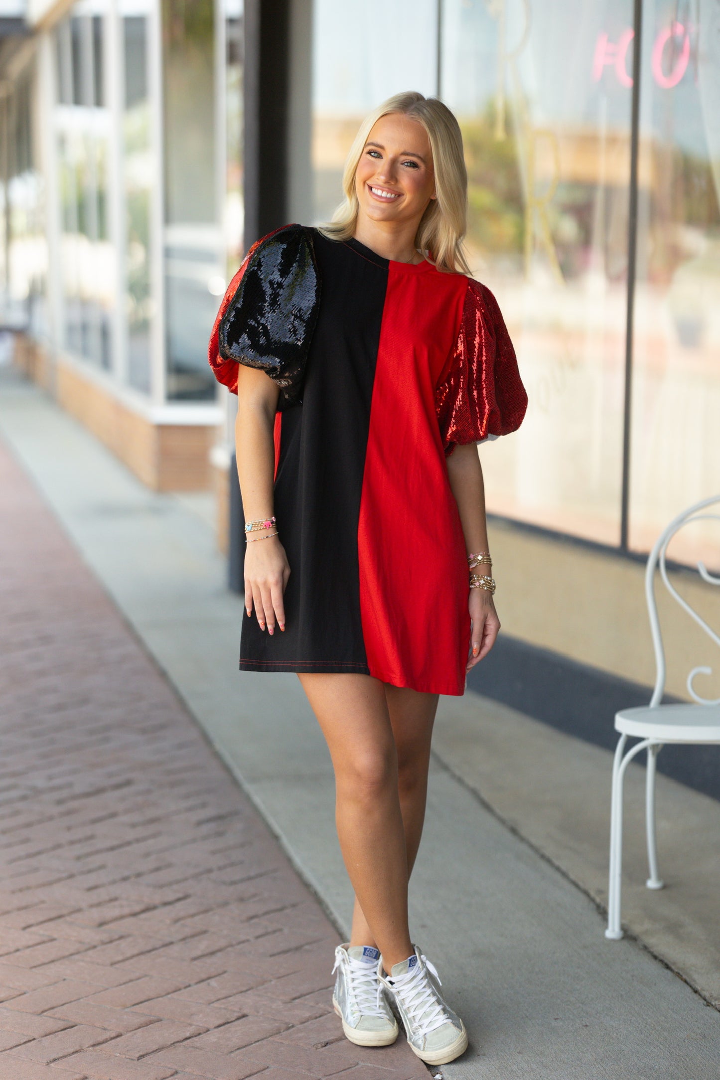 QOS sequined puff sleeve dress