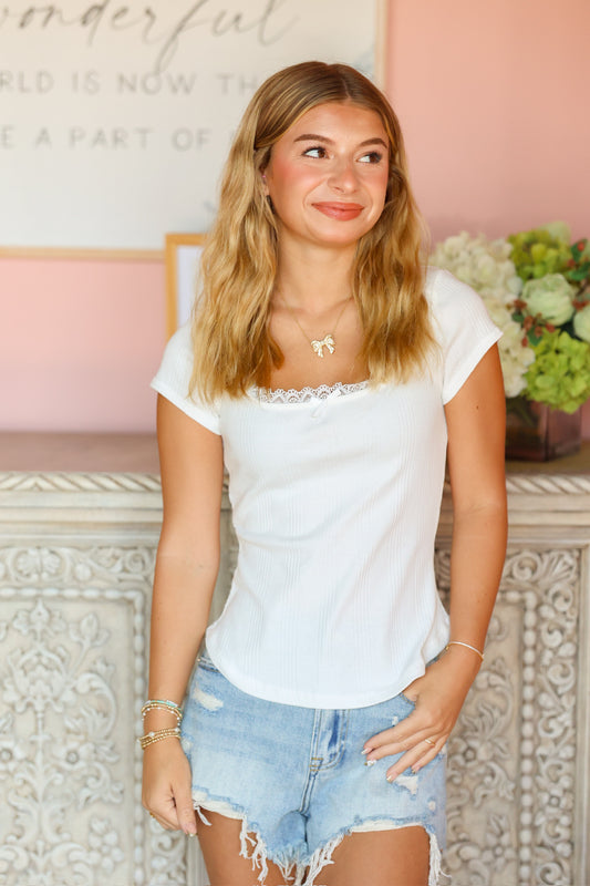 White Ribbed Lace Top