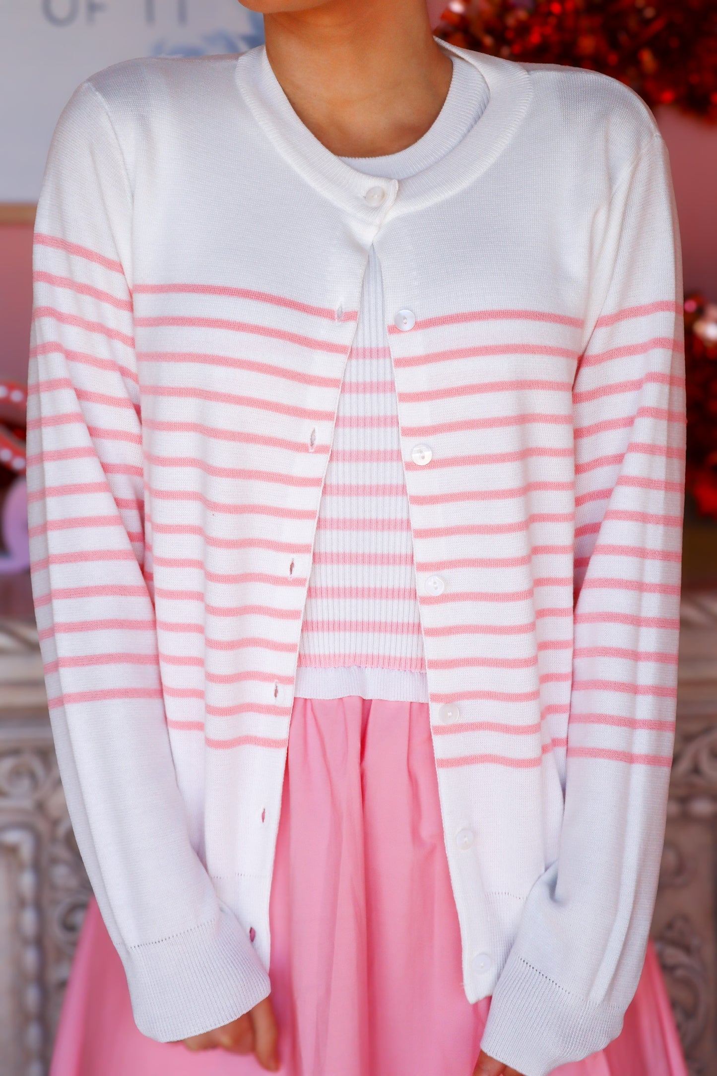 White & Pink Striped Button-Down Cardigan