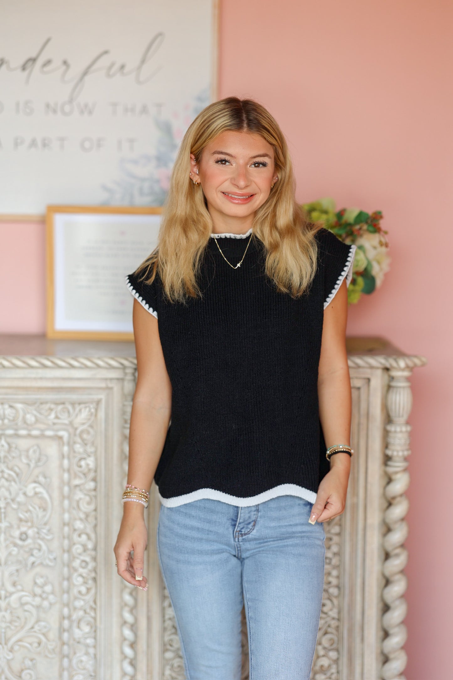 Black Scalloped Sweater Top