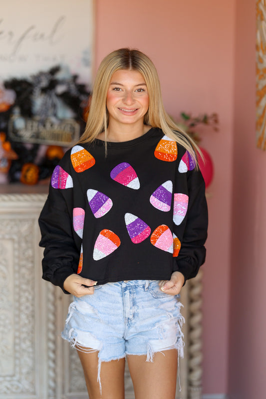 Candy Corn Sequin Cropped Sweatshirt