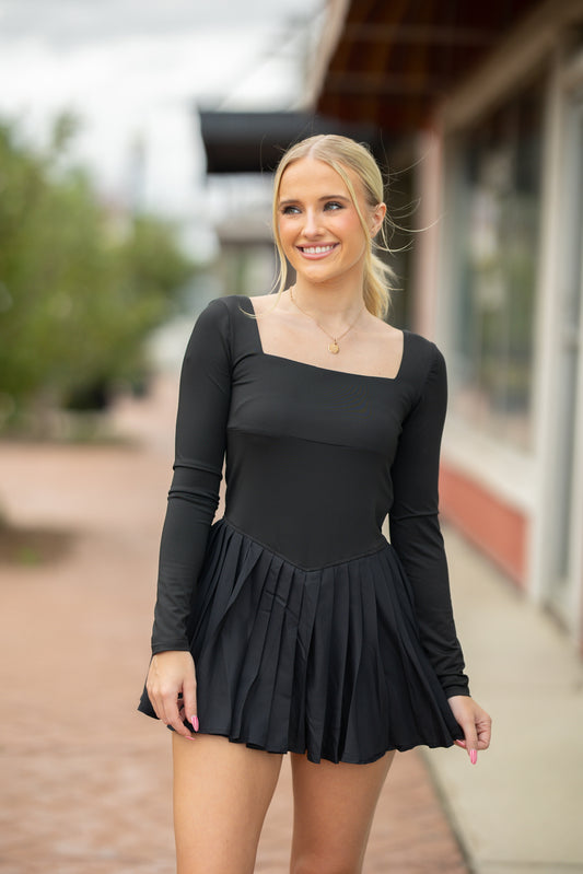 Black Square-Neck Pleated Romper