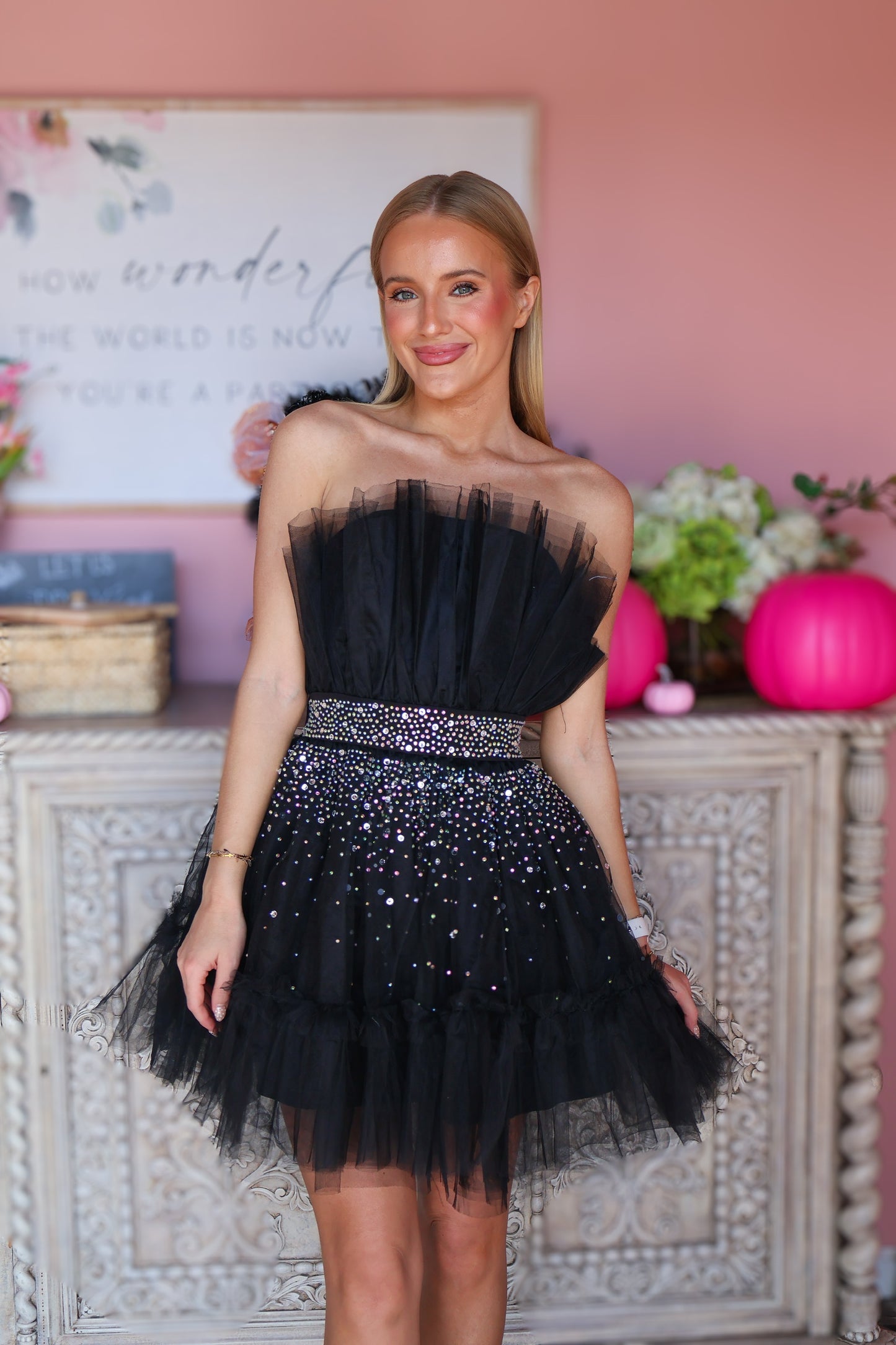 Black Strapless Rhinestone Mini Dress