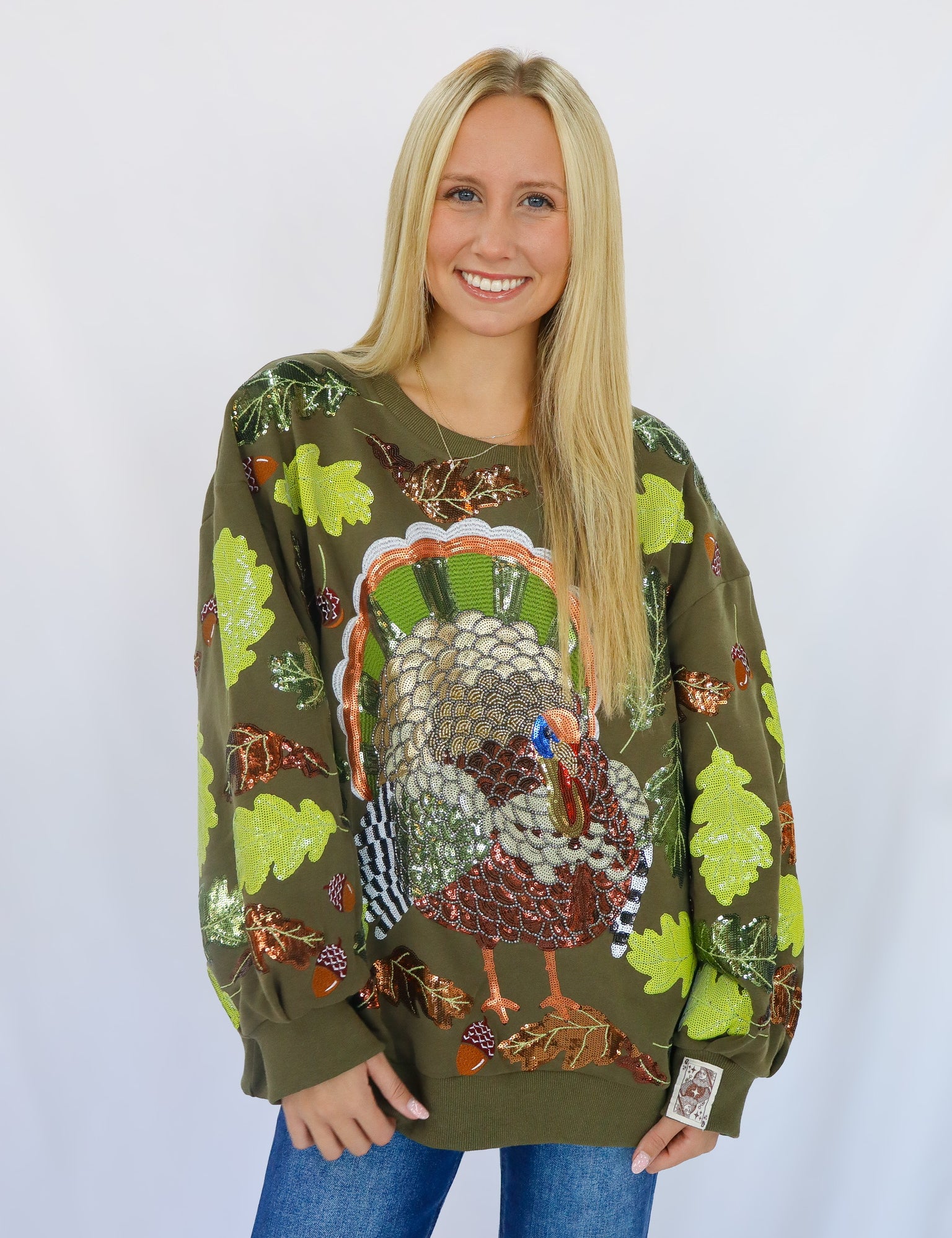 QOS Olive Green Multi Turkey & Leaves Sweatshirt
