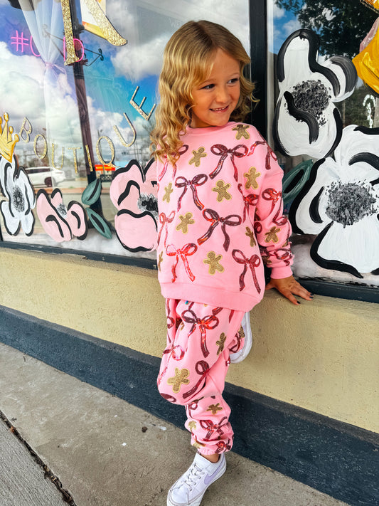 QOS Kids Light Pink Gingerbread Men & Bows Jogger