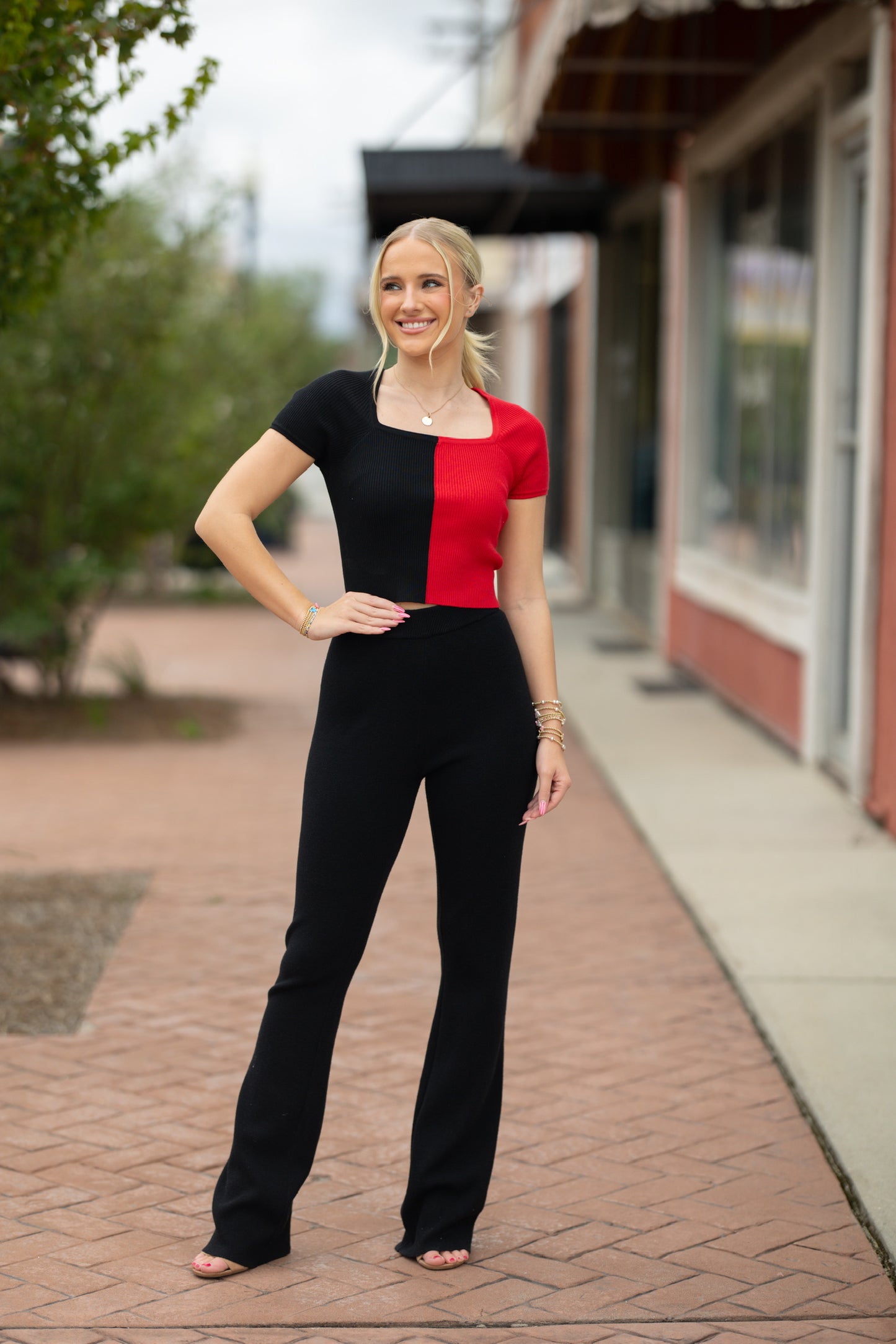 red and black square neck top