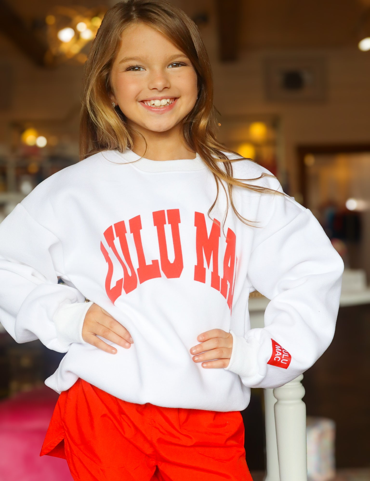 Lulumac- Kids white sweatshirt w/ red puff