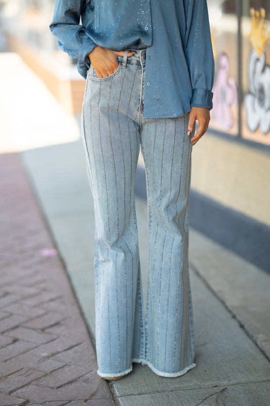 Light-Blue Stoned Flare Jeans