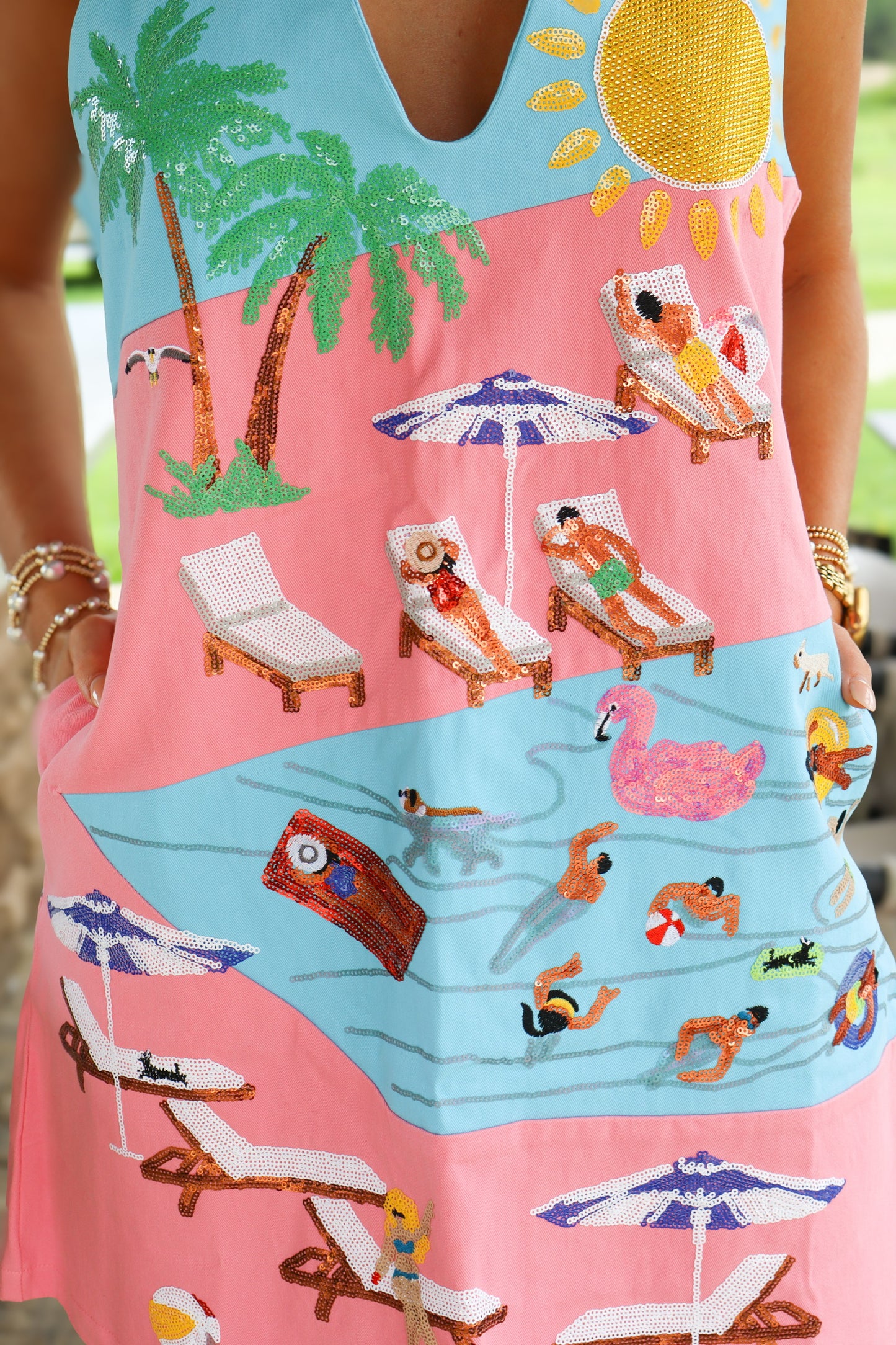 QOS Blue & Pink Colorblock Pool Scene Tank Dress