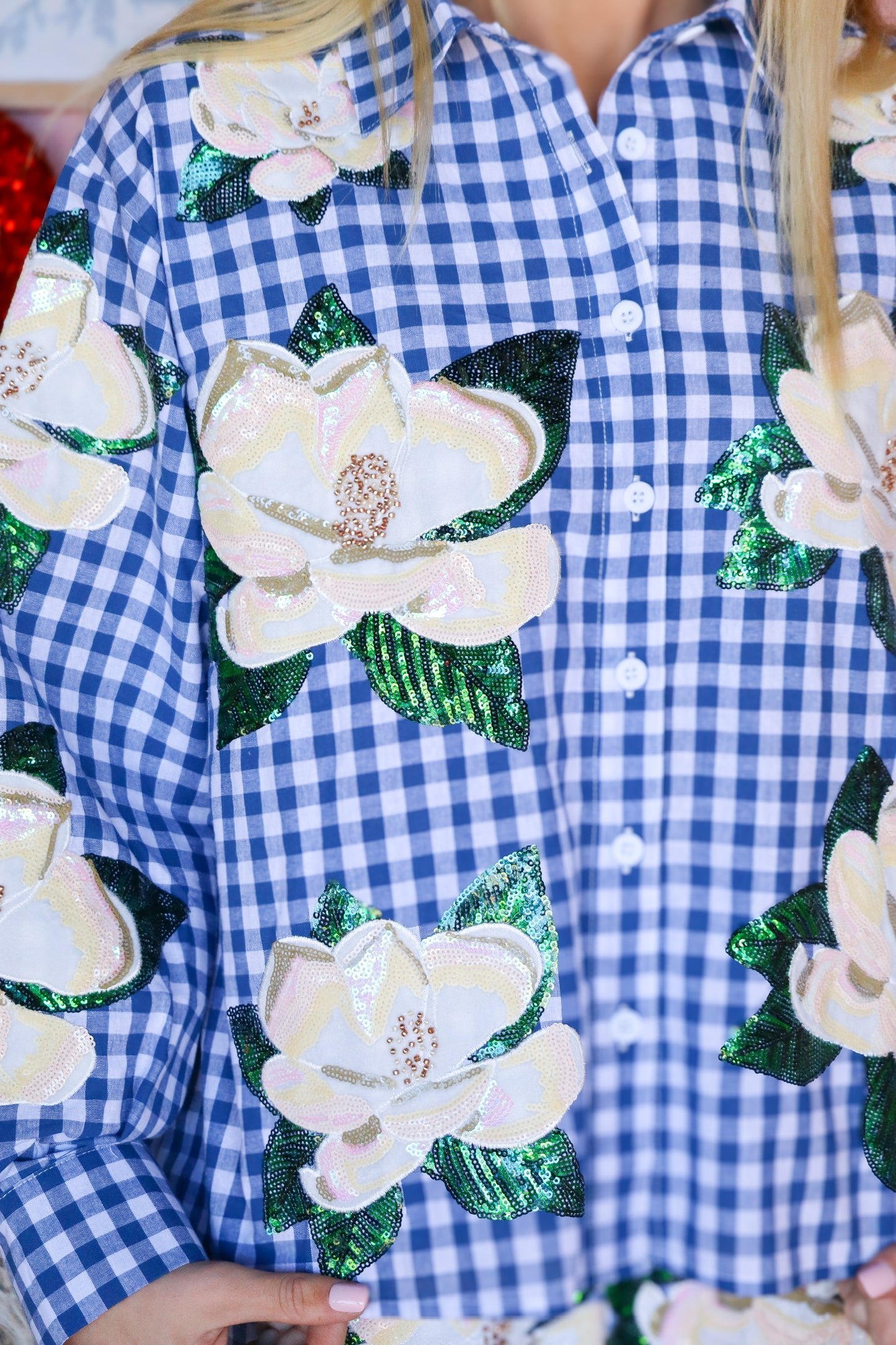 QOS Blue & White Scattered Magnolia Button Up