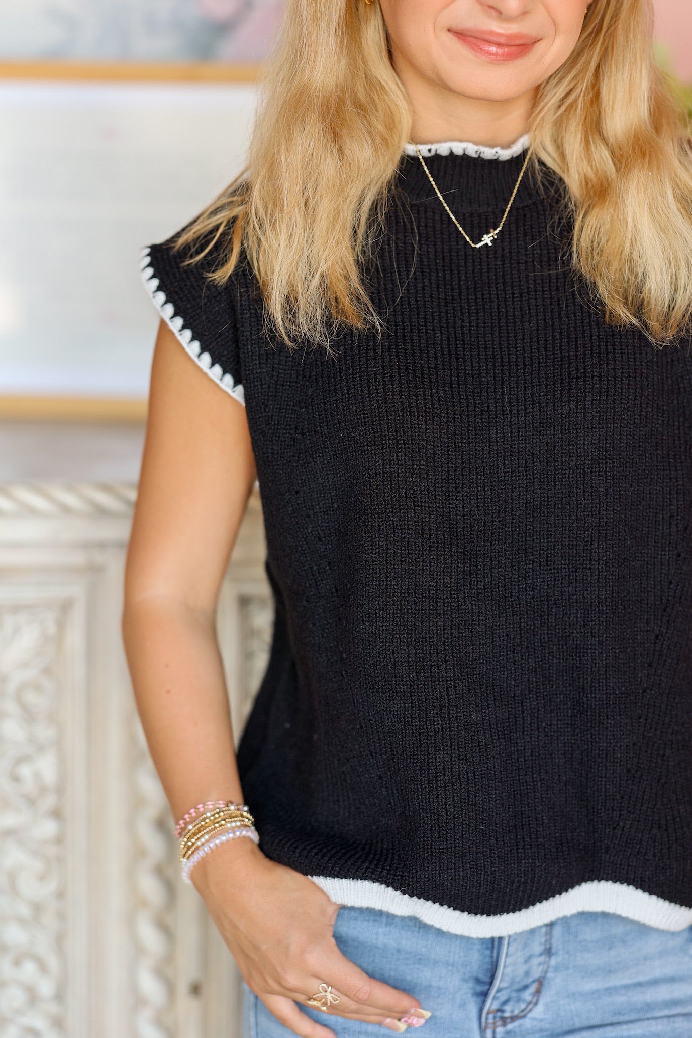 Black Scalloped Sweater Top