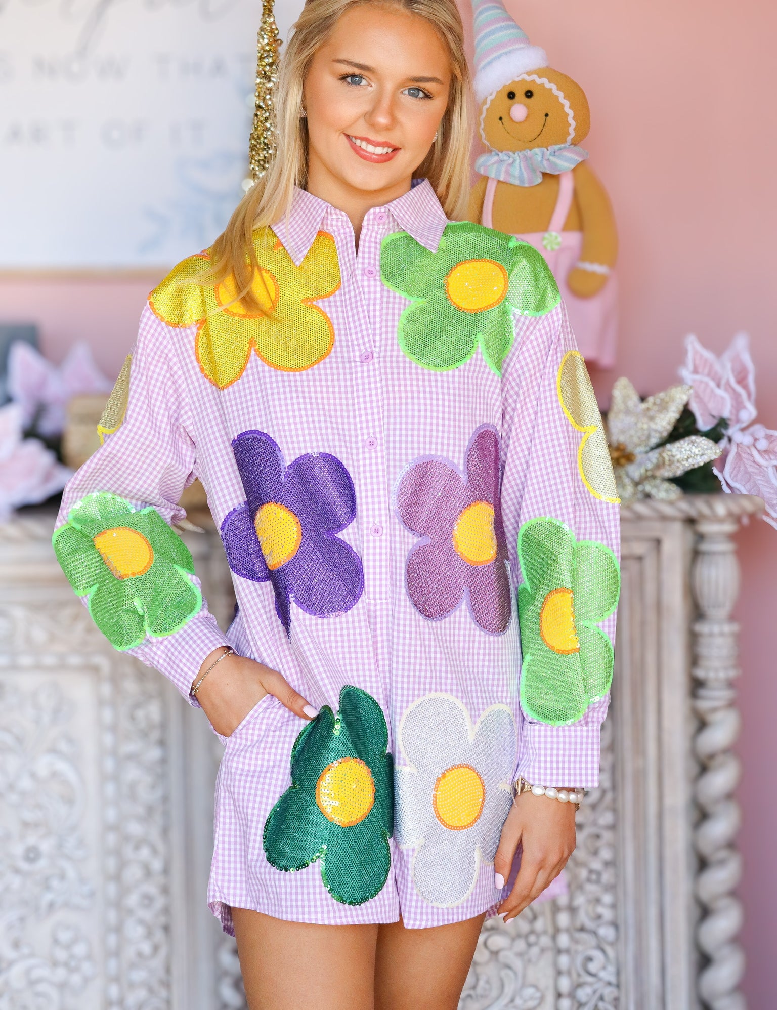 QOS Gingham Oversized Mardi Gras Flower Romper