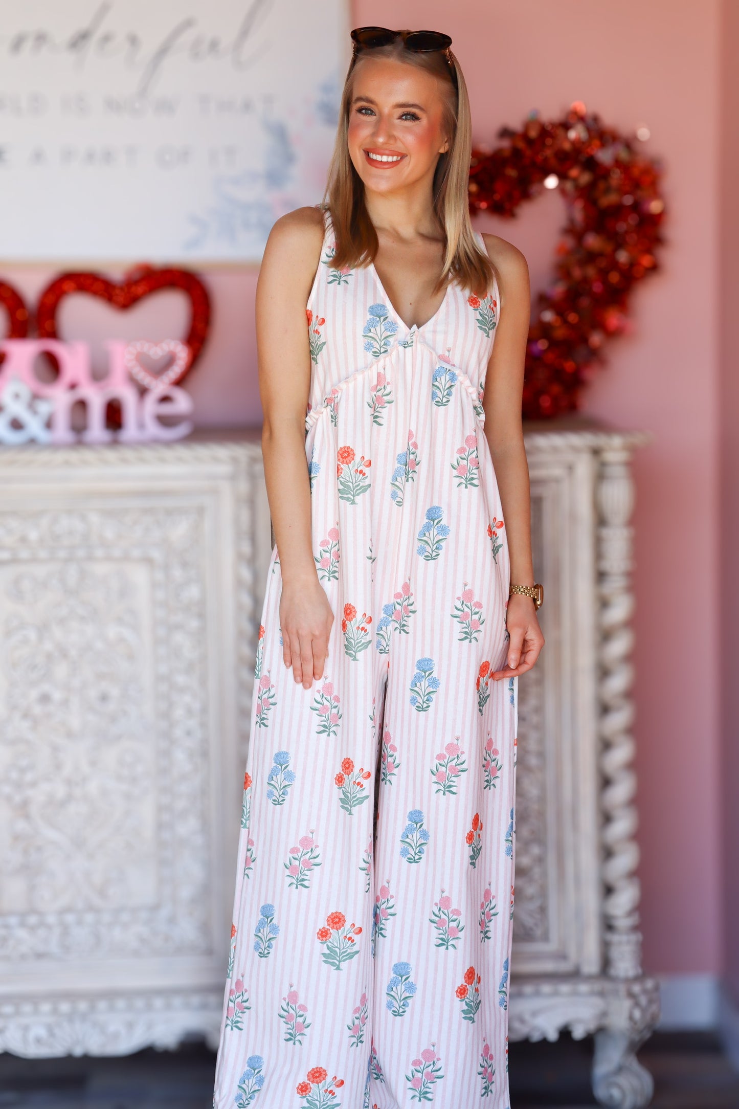 Floral Stripe V-Neck Backless Jumpsuit