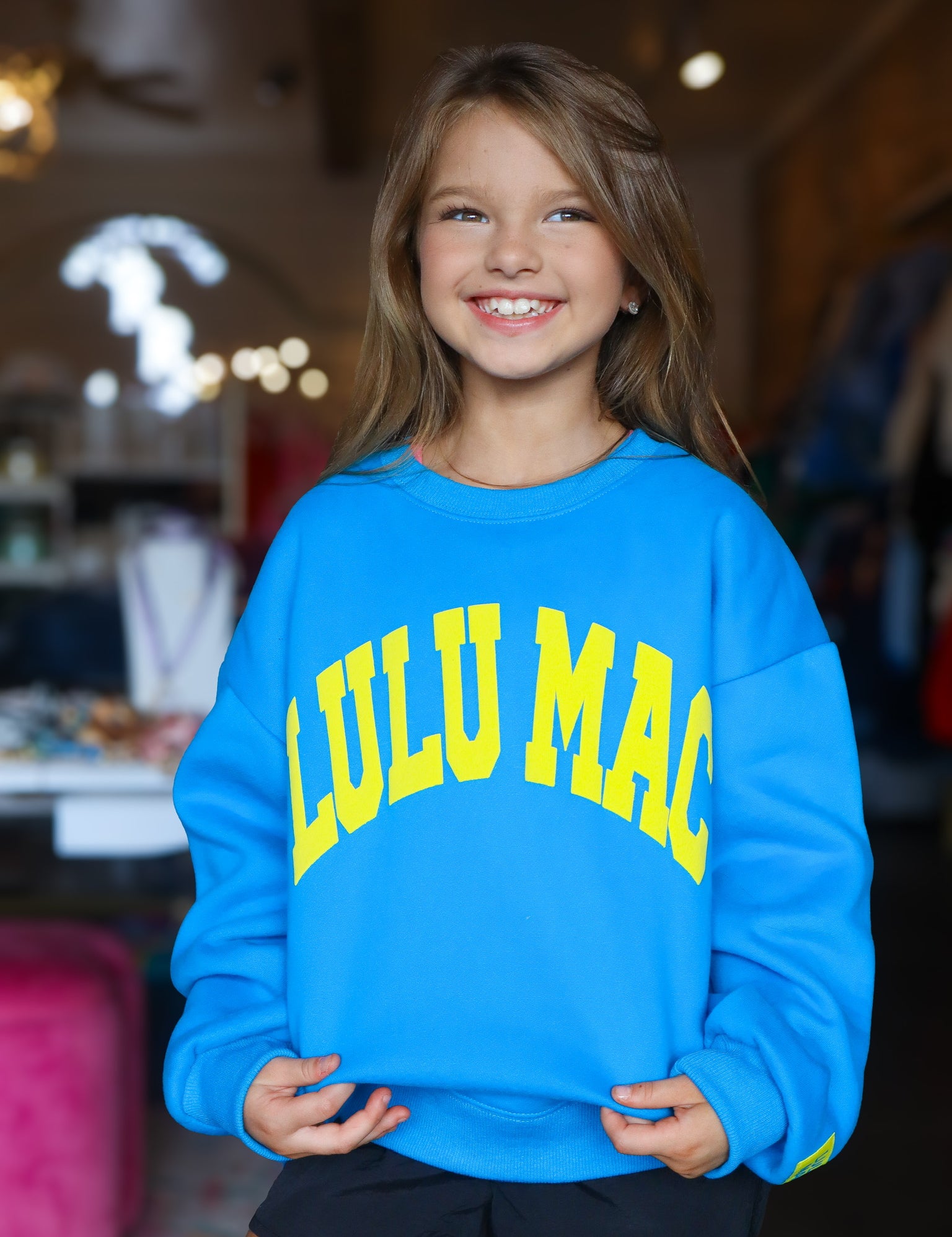 LULU MAC- Kids Dark Blue Sweatshirt w/ Yellow Puff Lettering
