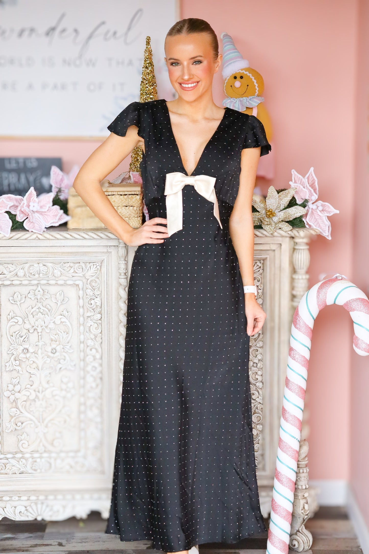 Black Rhinestone Satin Maxi Dress