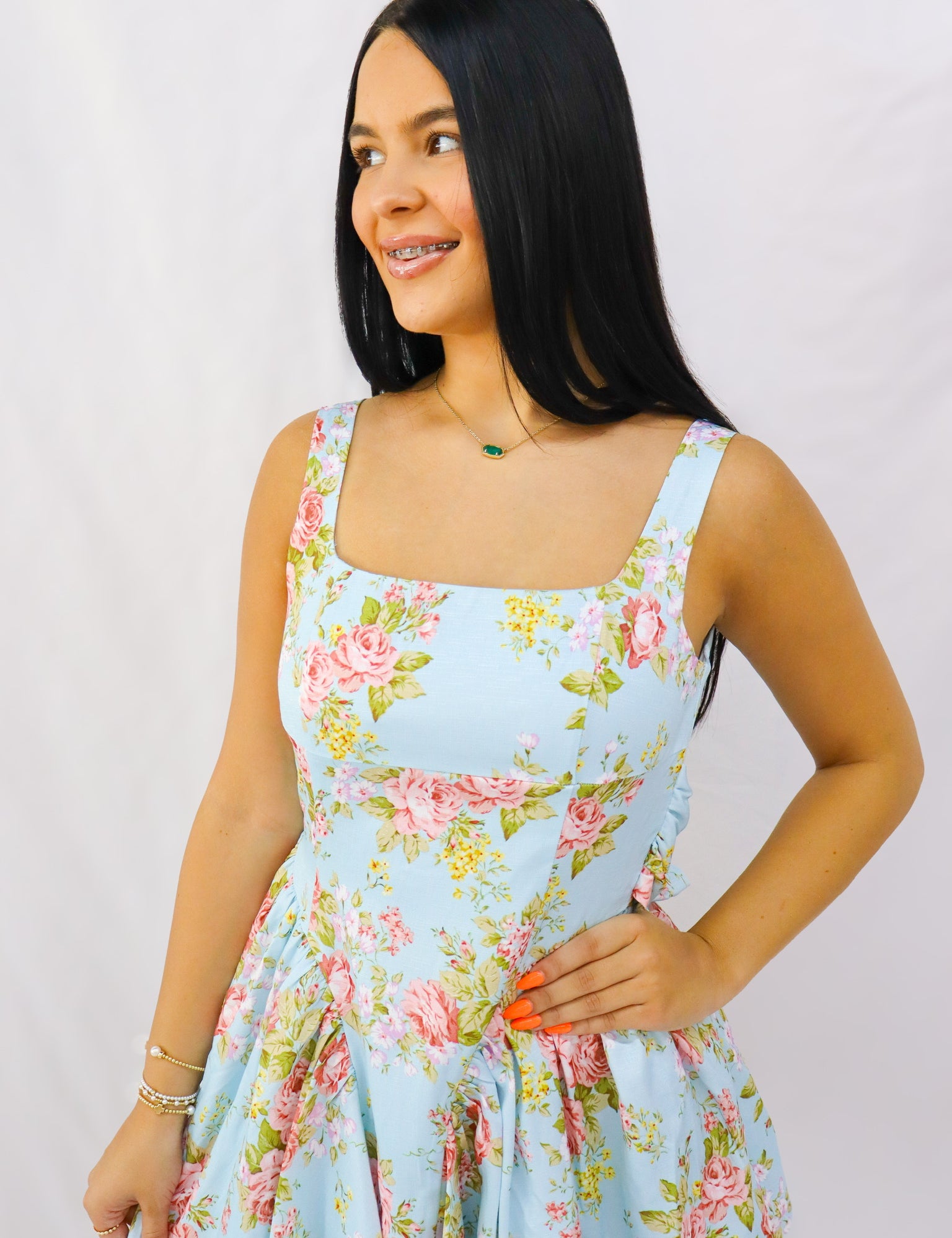 Light Blue Floral Print Midi Dress