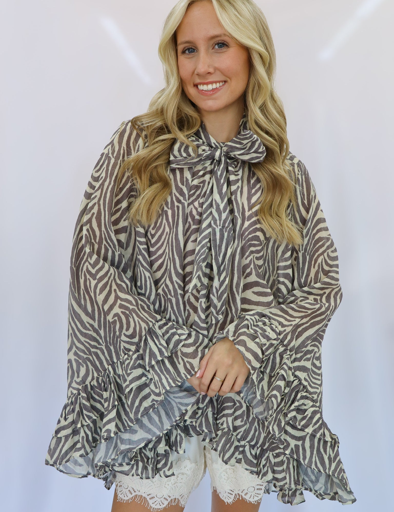 Zebra Print Long Sleeve Sheer Blouse