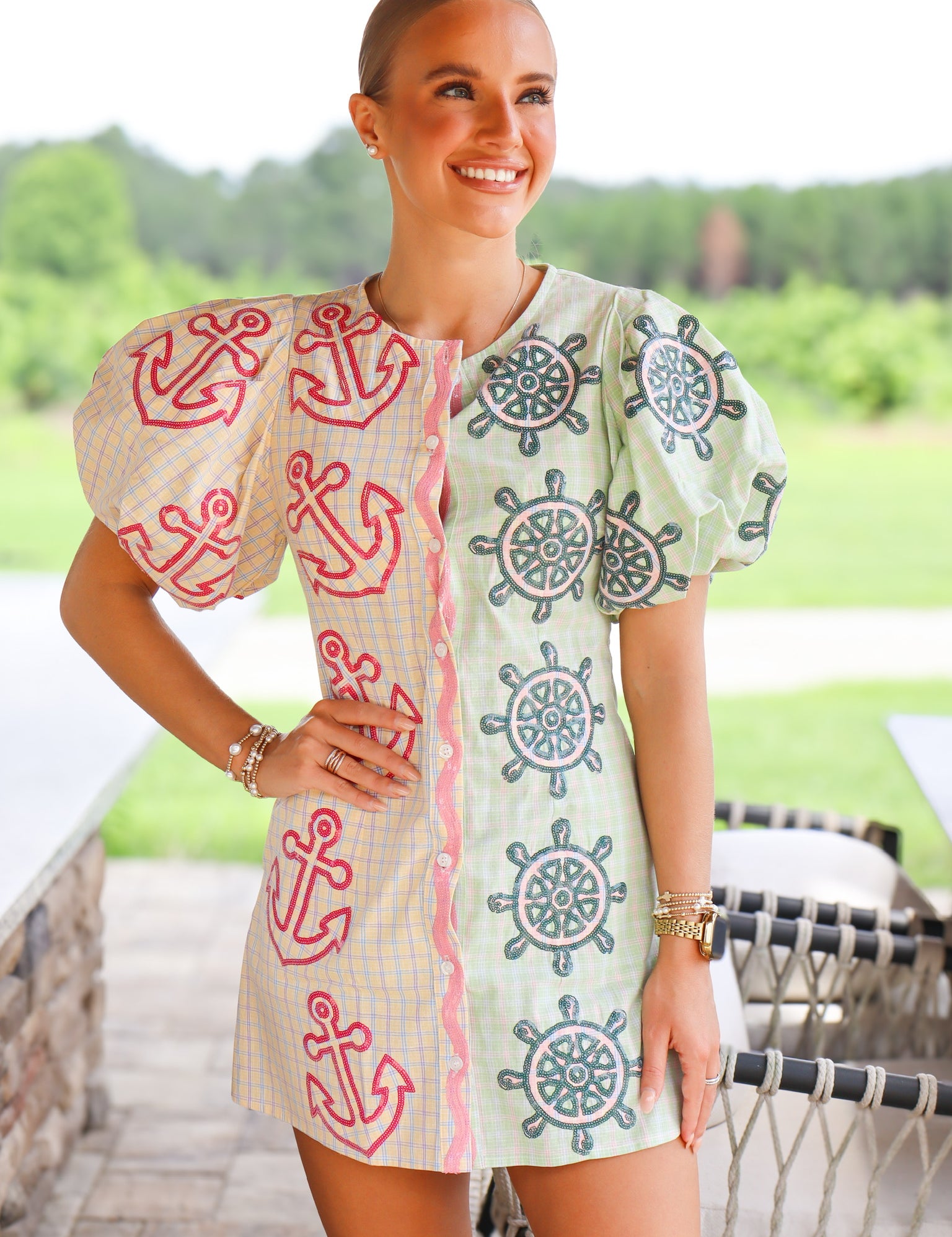 QOS Colorblock Plaid Anchor Button Up Poof Sleeve
