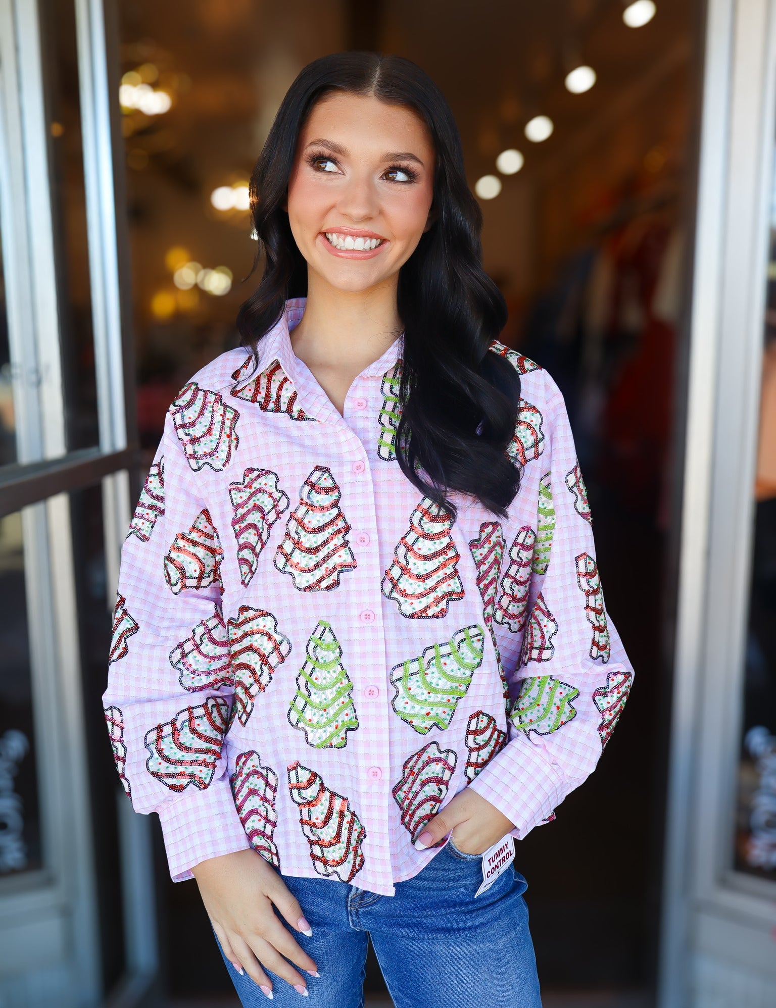 QOS Pink Gingham Christmas Tree Cookies Cotton Top