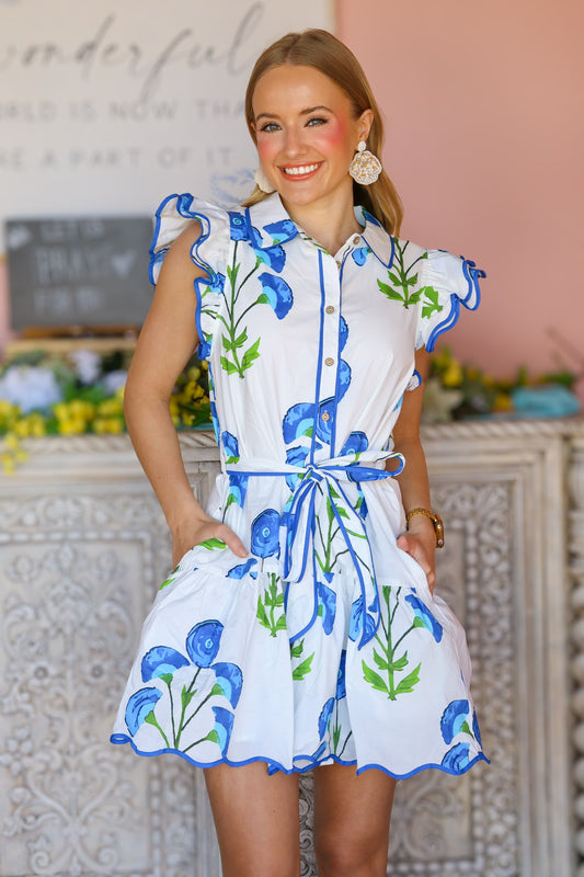 White and Blue Ruffle Mini Dress