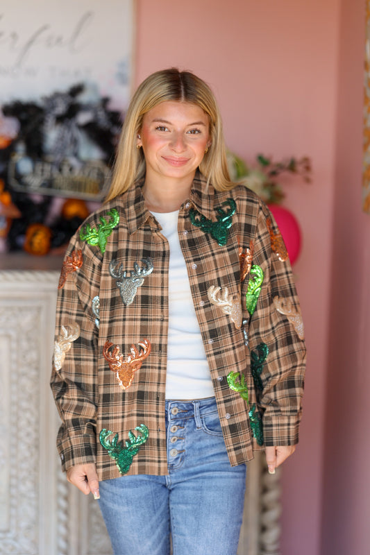 QOS Plaid Deer Button Up
