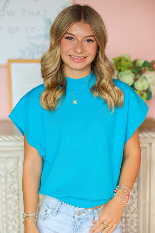 Blue Mock Neck Top