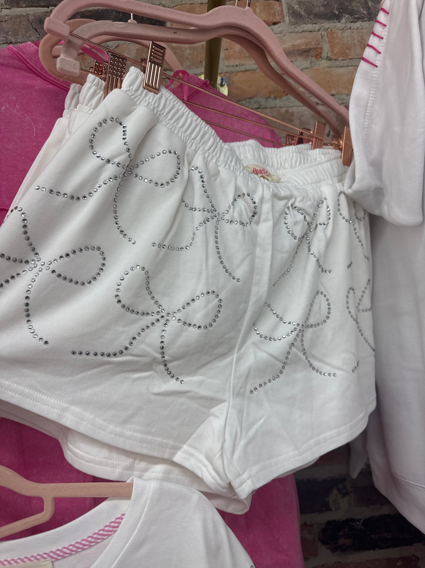 White Rhinestone Bow Shorts
