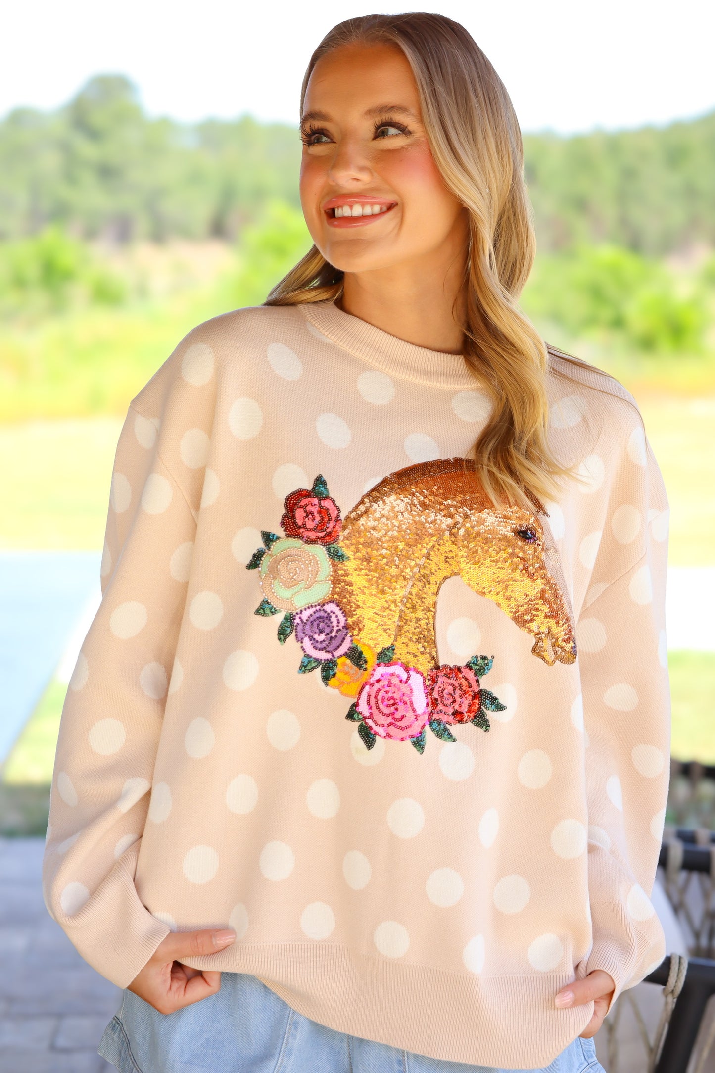 QOS Tan Polka Dot Horse Sweater