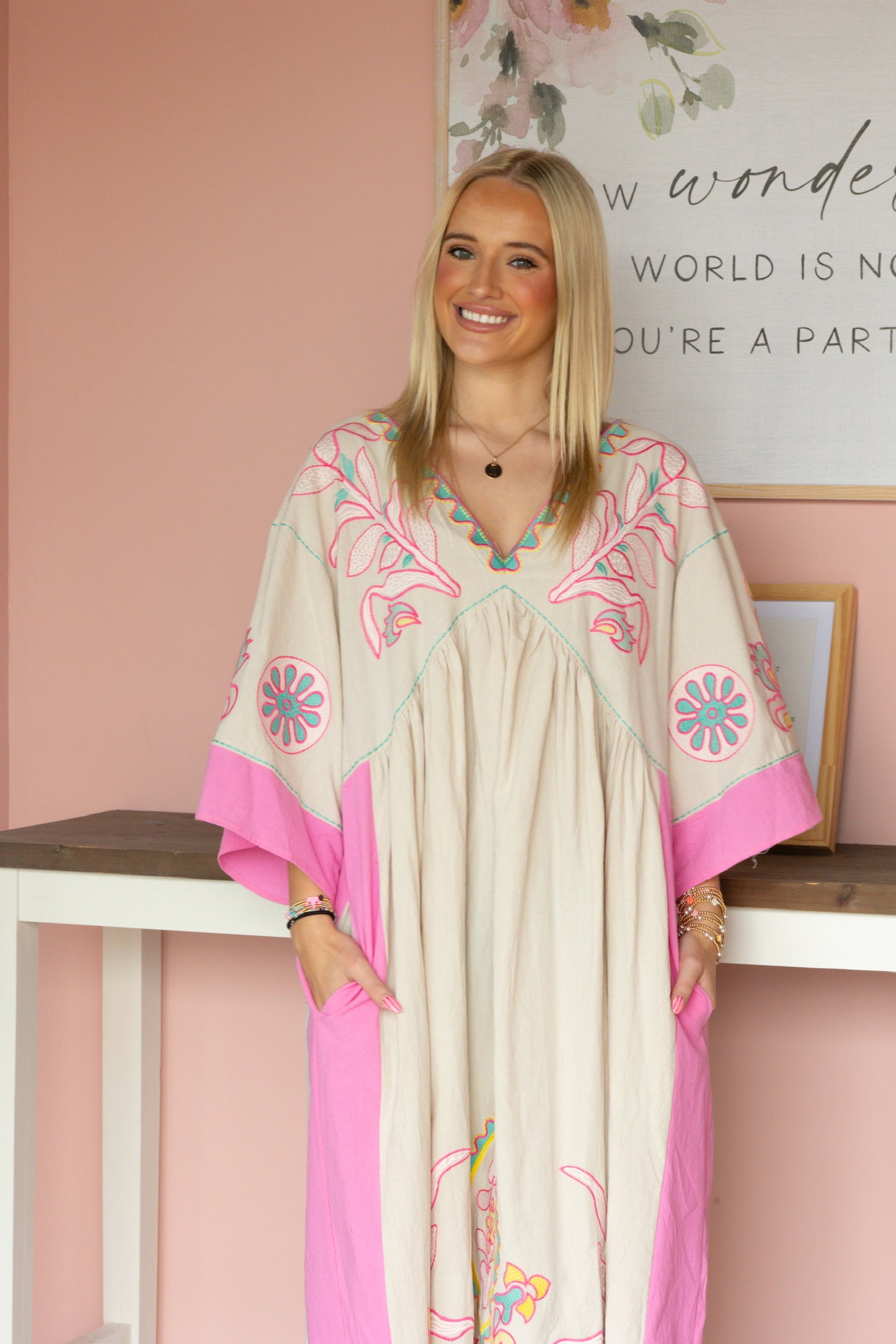 Taupe/Pink V-Neck Maxi Dress