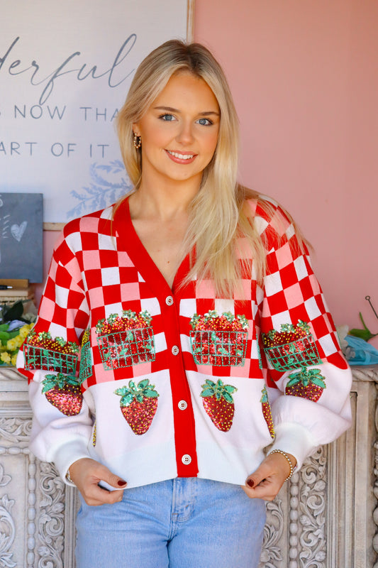 QOS Checkered Strawberry Button Up Cardigan
