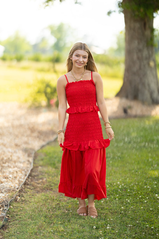 Red Smocked Maxi Dress
