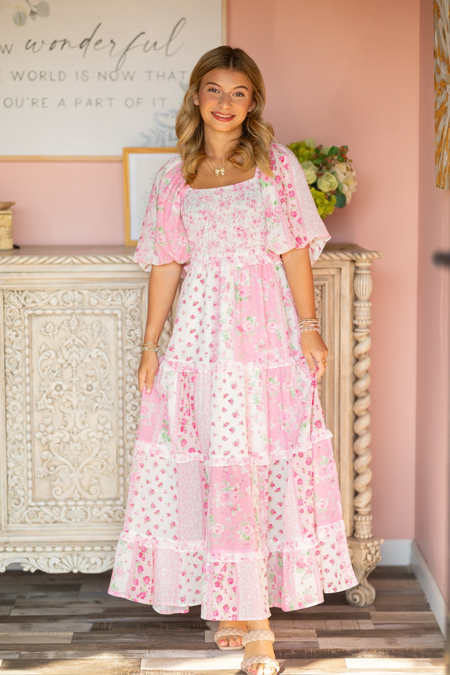 Pink Floral Patchwork Maxi Dres