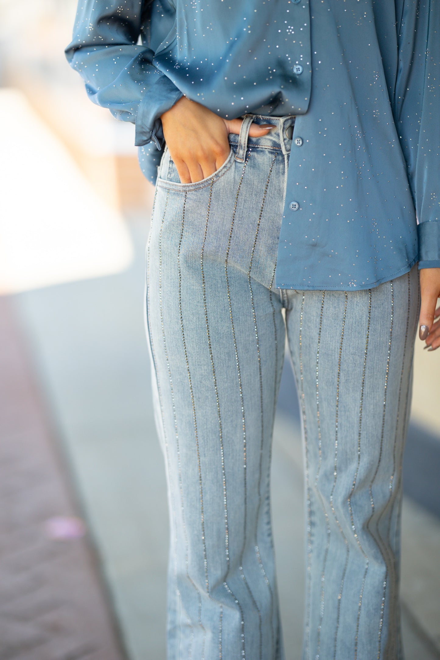 Light-Blue Stoned Flare Jeans