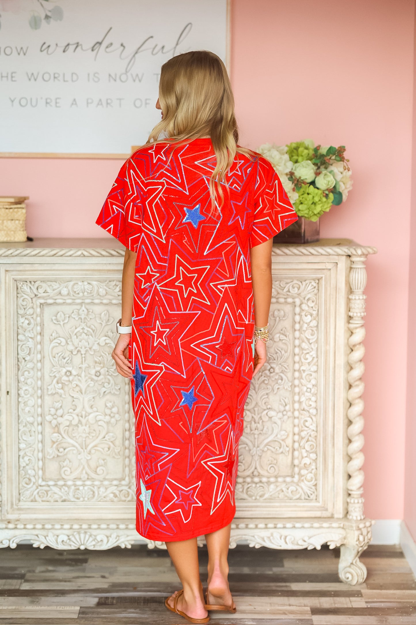 QOS Red,White & Blue Groovy Star Midi- Tee Dress