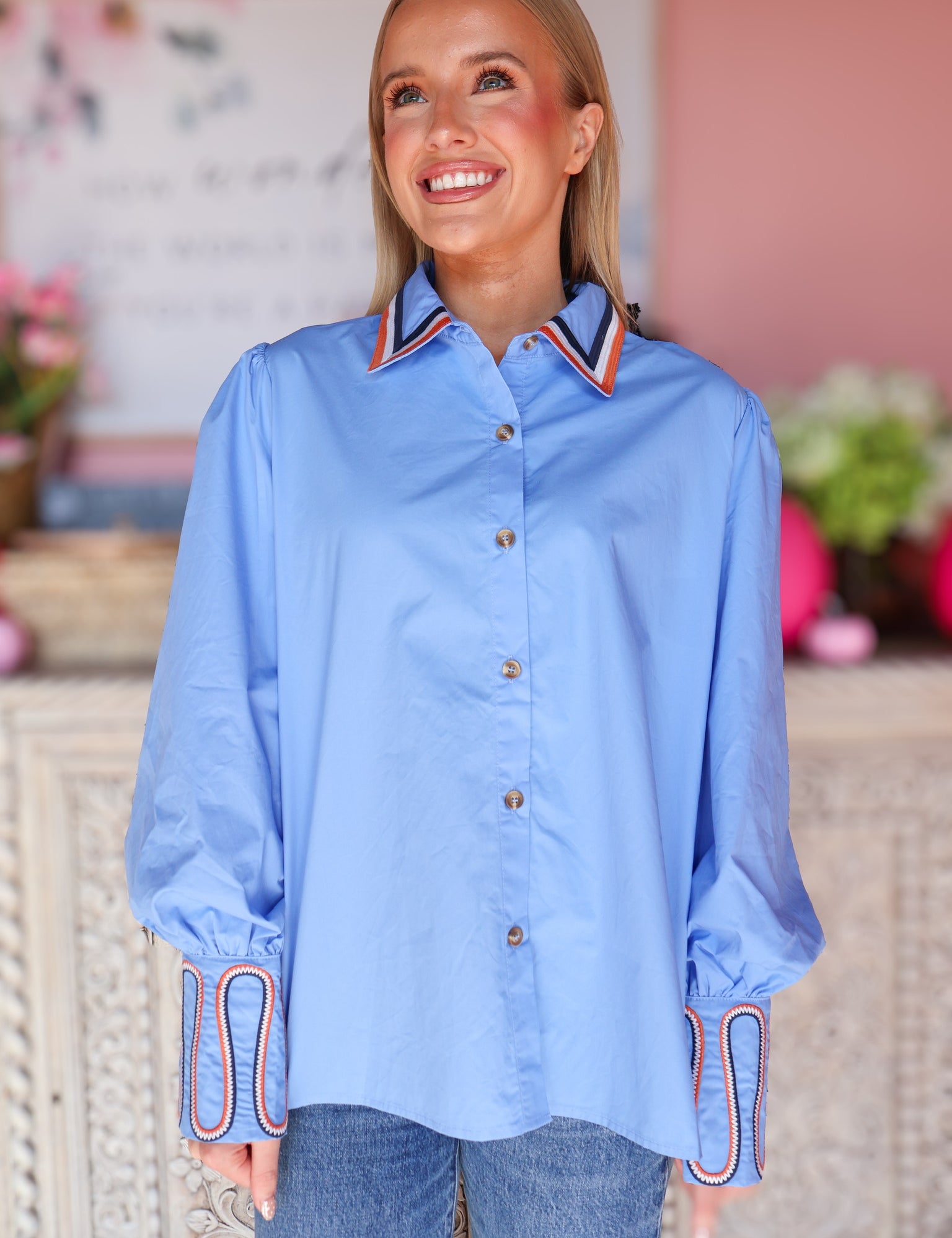 Blue & Orange Collar Button Up