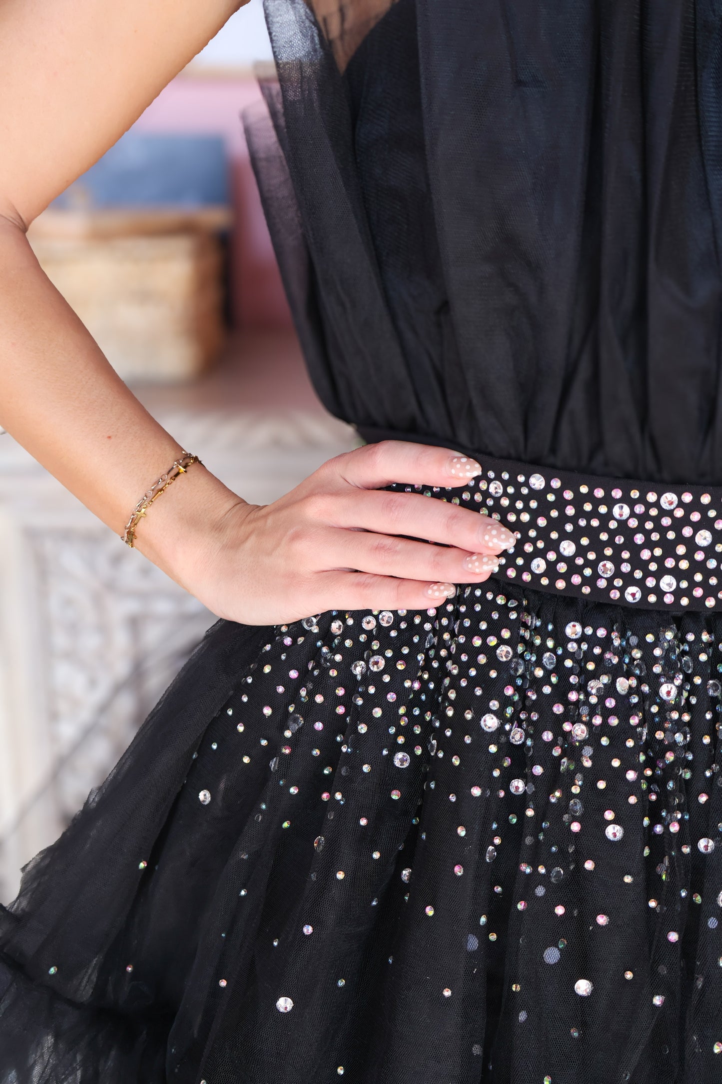 Black Strapless Rhinestone Mini Dress