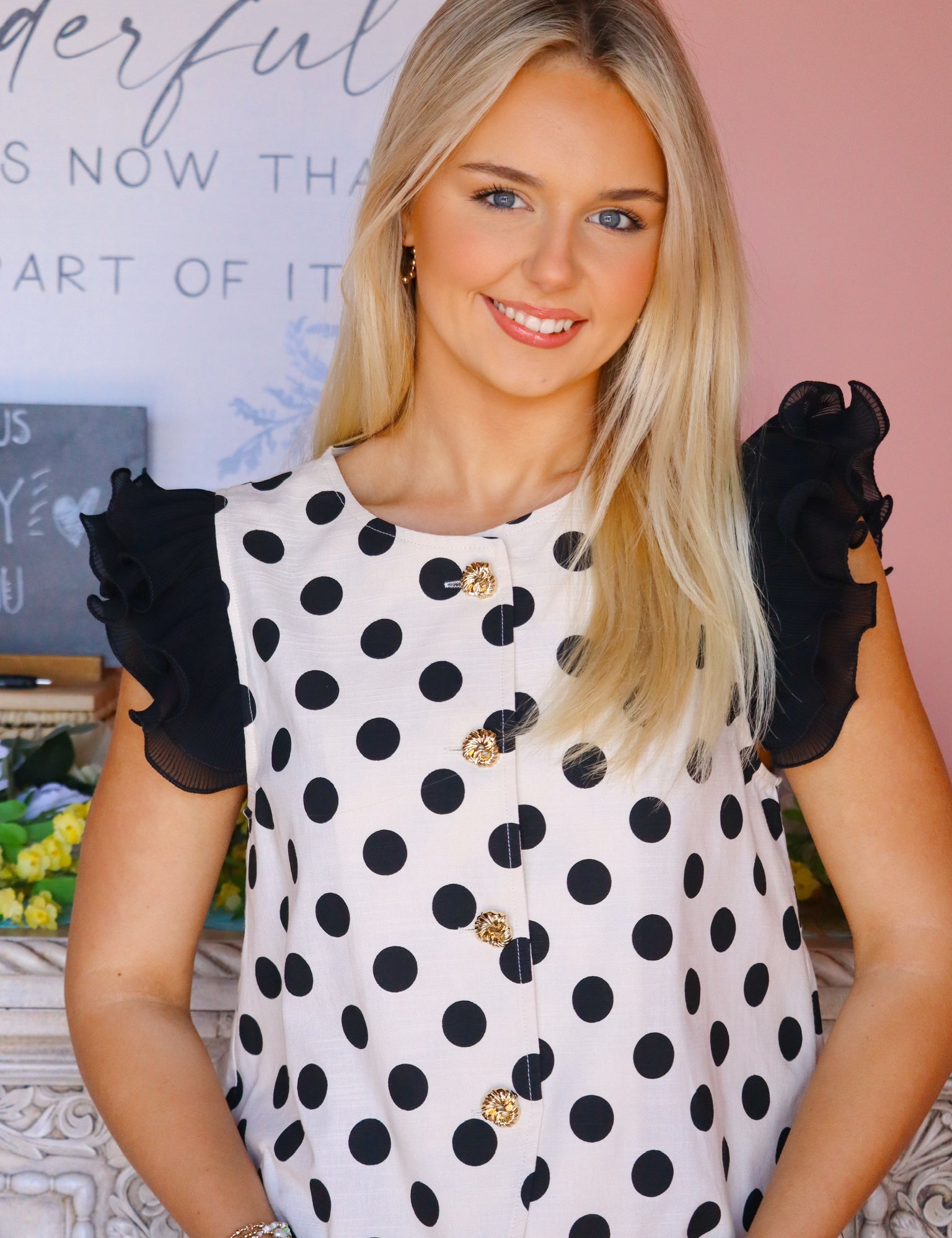 Button Up Polka Dot Ruffle Top