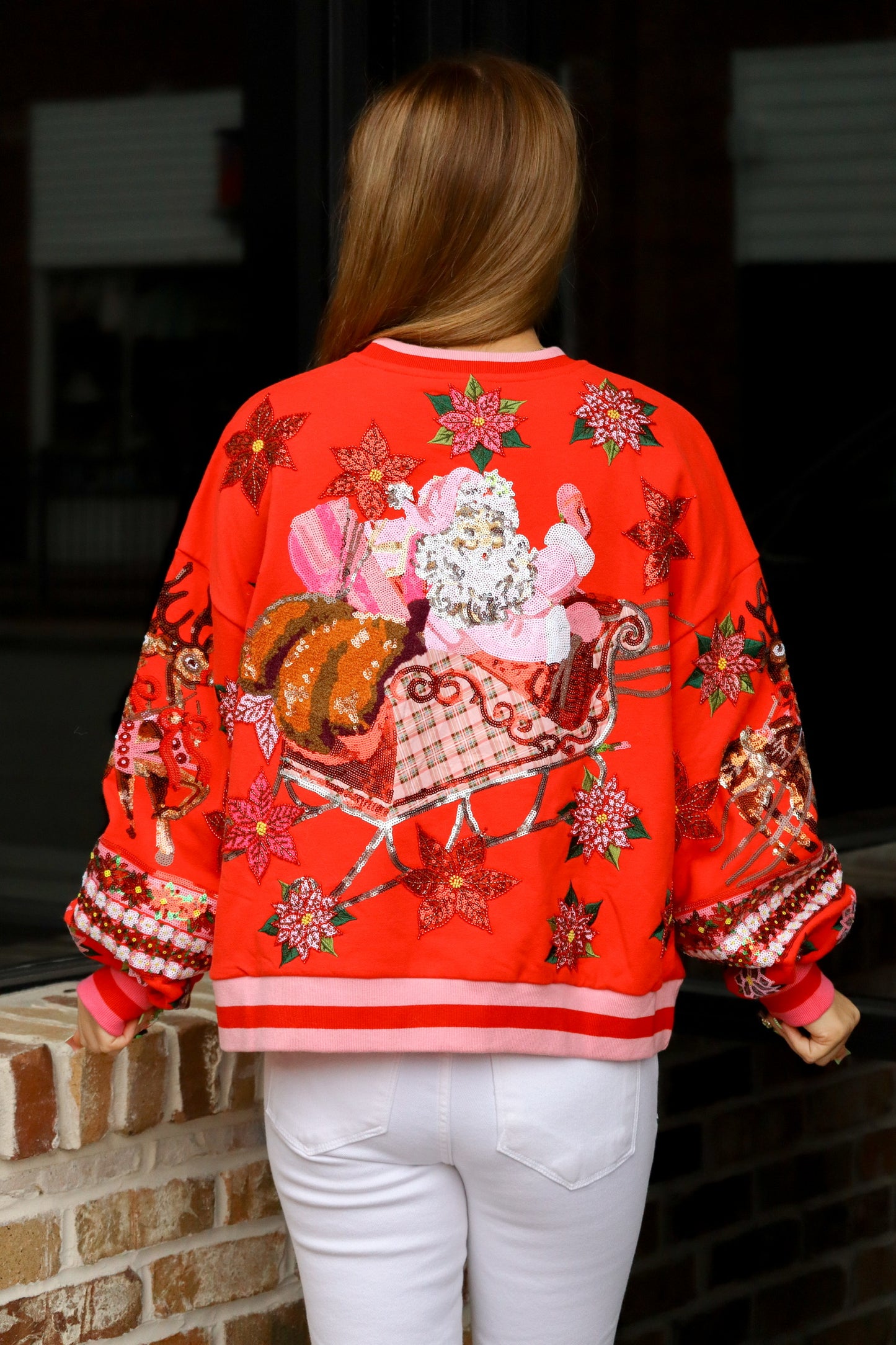 QOS Red & Red Vintage Poinsettia Sweatshirt