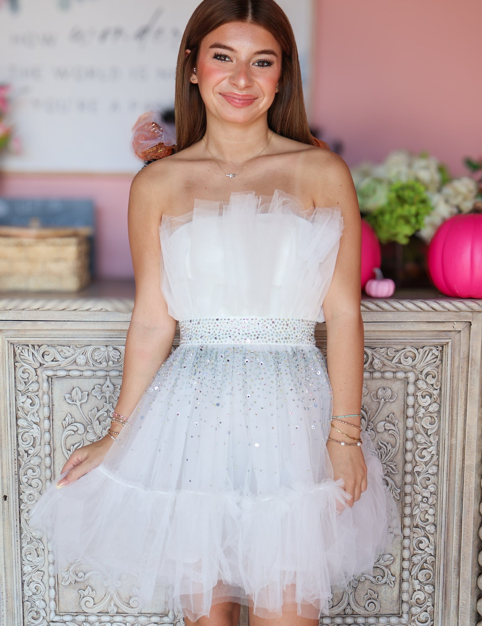 White Strapless Rhinestone Mini Dress