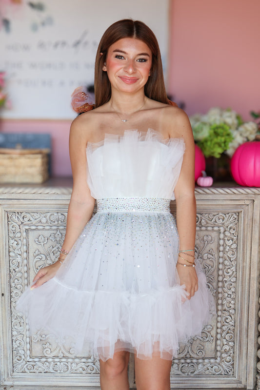 White Strapless Rhinestone Mini Dress