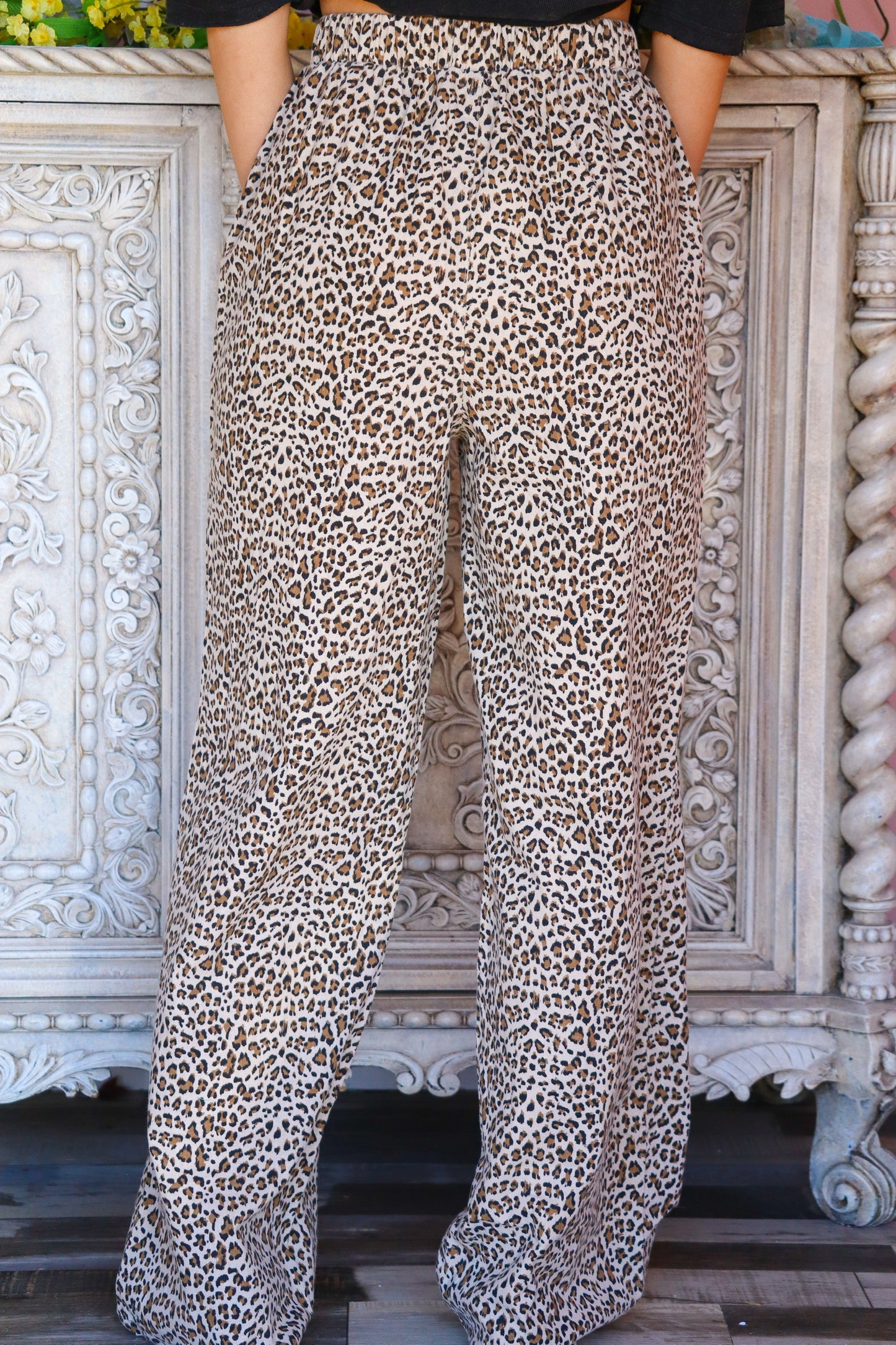 Beige Leopard Print Wide Legged Pants