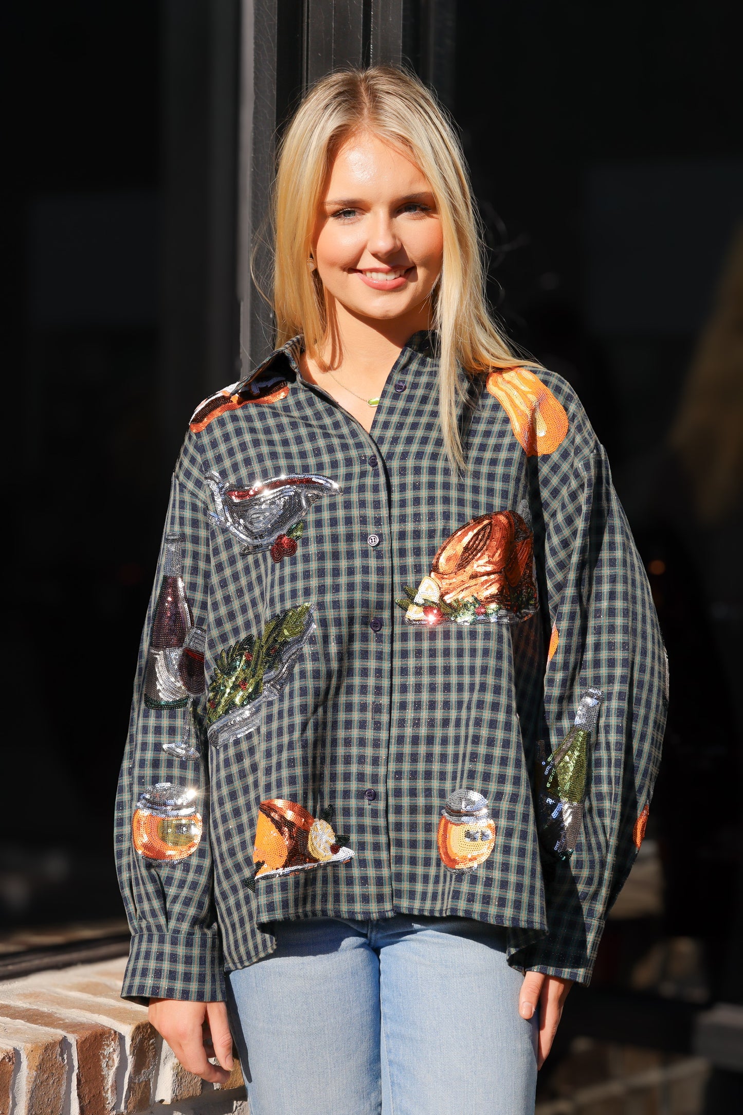 QOS Navy Plaid Queen of Turkey Button Up