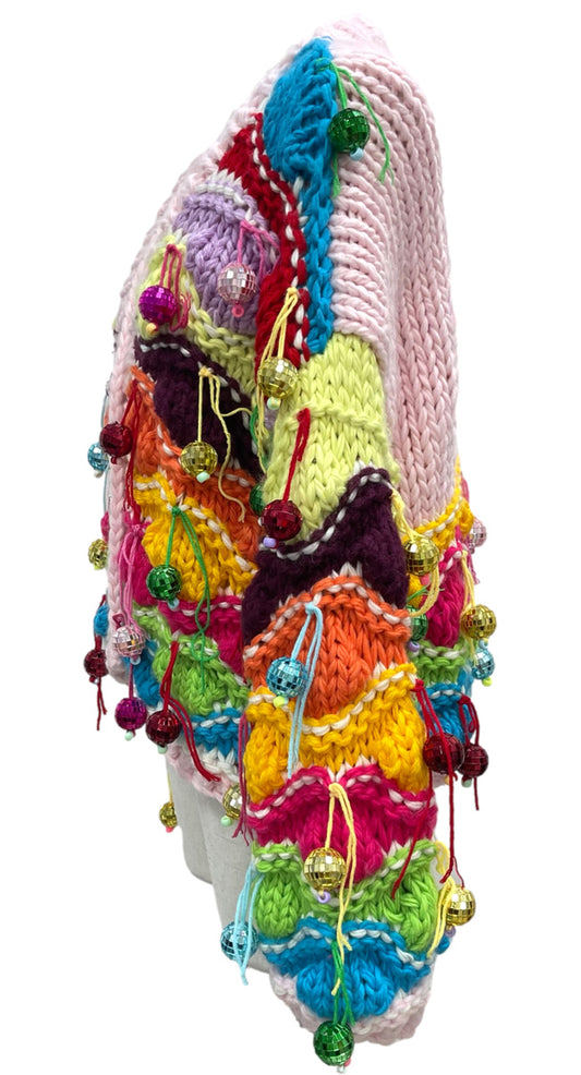 QOS Rainbow Color Block Disco Ball Cardigan